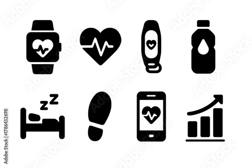 Health Monitoring Icons. Health monitoring. Filled icon set of health monitoring: smartwatch, heart rate icon,