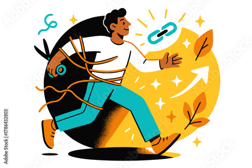 Breaking Free. Breaking bad habits. Character cutting symbolic ropes or stepping out of a dark circle into