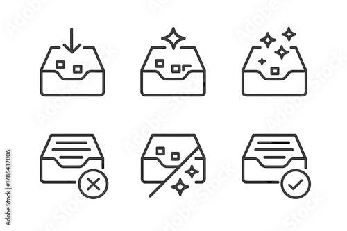 Decluttered Space Logo Grid. Cleaning Out a Drawer. Set Logo of Decluttered Space: Minimal outline, Negative space, Flat solid, Symmetrical form, Stylized