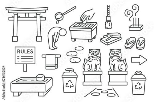 Temple Ritual Symbols. Temple entrance rituals. Hand-drawn doodle illustration Temple entrance rituals torii gate, purification ladle, water basin, bowing