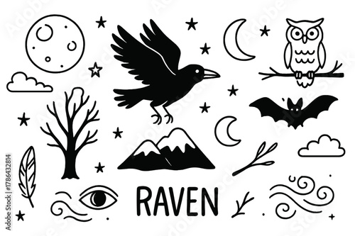 Raven and Nightscape. Raven and night. Hand-drawn doodle illustration Raven and night full moon, stars, clouds, flying raven, silhouette tree, crescent moon,