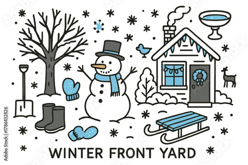 Winter Wonderland Doodle. // Winter front yard. Hand-drawn doodle illustration Winter front yard [snowman (accented), snowy tree, house with lights (accented),