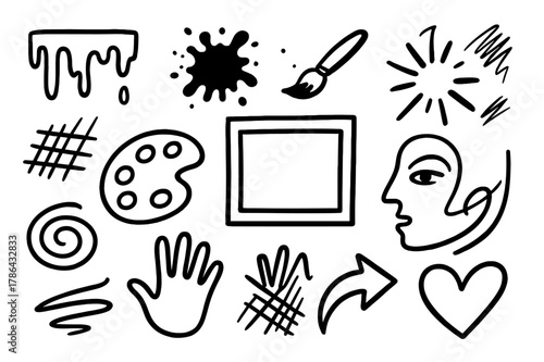 Energetic Abstract Doodles. Abstract expressionism. Hand-drawn doodle illustration abstract expressionism dripping paint, splatter, brush, canvas, palette,