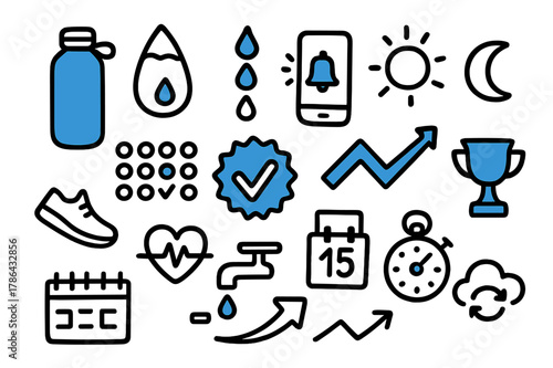 Hydration & Tracking Icons. // Hydration & habit tracking. Hand-drawn doodle illustration hydration & habit tracking [smart bottle (accented), droplet gauge