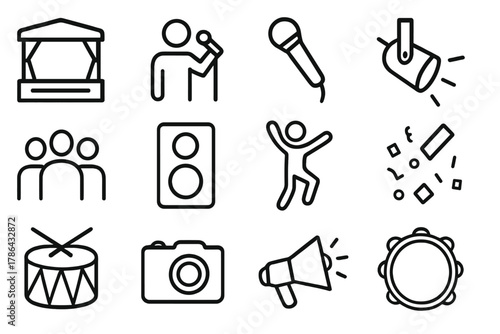 Live Show Icons. Live show. Line outline icon set of live show: stage, performer, microphone, crowd, speaker,