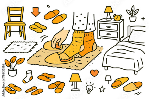 Cozy Slipper Scene. Slipping into slippers. Hand-drawn doodle illustration slippers (colored), feet (colored), hands (colored), socks (colored),