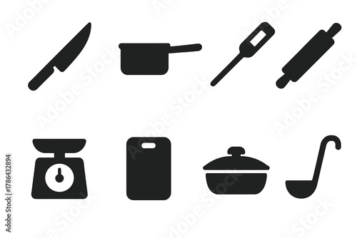 Black Culinary Tools Icons. Culinary tools. Filled icon set of culinary tools: chef?s knife, saucepan, digital