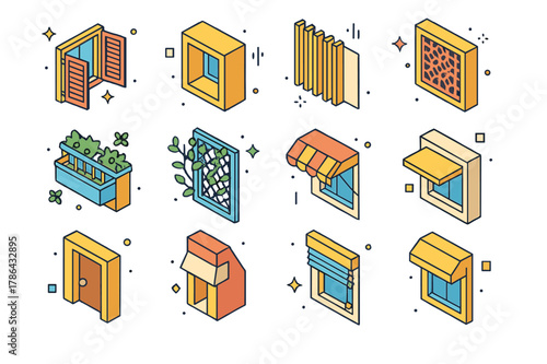 Climate-Responsive Facades Icons. Climate-responsive facades. Colorful isometric vector icons set of Climate-responsive facades: adjustable wooden shutters,