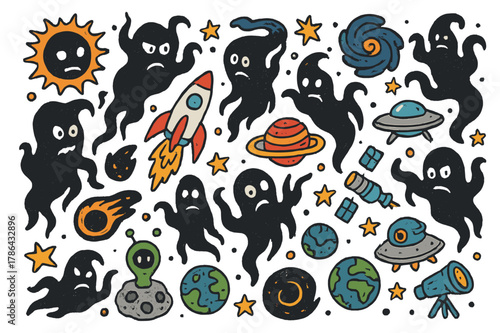 Colorful Cosmic Doodle. Space, dark, twisted figures. Colorful Hand-drawn doodle Children illustration Space, dark, twisted figures, stars, planets, galaxies,