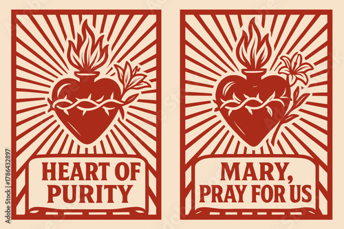 Immaculate Heart Banners. Immaculate Heart. Two vertical A6 banners with safe margins, centered composition, no elements touching edges, bold, red and beige,