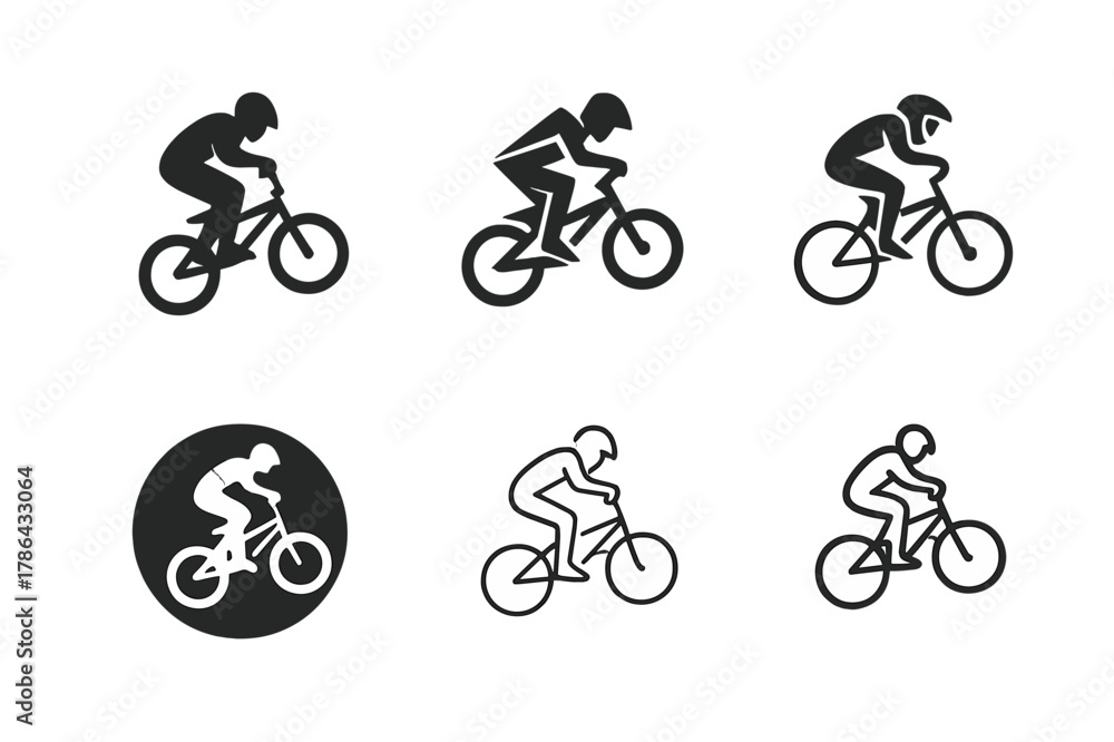 Fototapeta premium BMX Logo Designs. BMX riding. Set Logo of BMX riding: biker performing jump trick. harmonious logo variations of the same emblematic concept, each with