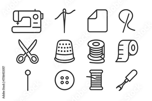 Garment Construction Icons. Garment construction. Line icon set of garment construction: sewing machine, needle, thread, fabric fold, scissors, thimble,