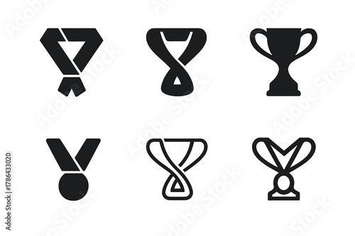 Award Logo Variations. Championship trophy. Set Logo of Championship trophy: Medal ribbon forming cup. Icon set. harmonious logo variations of the same