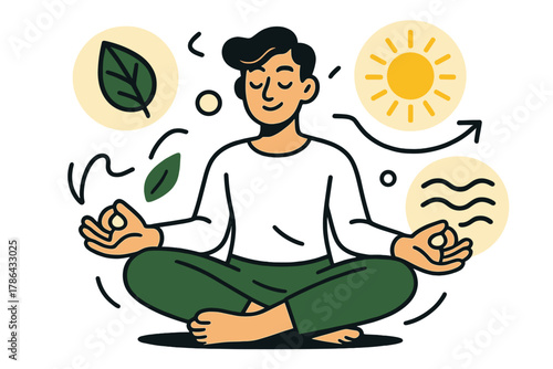 Mindful Meditative Harmony. Mindfulness and balance. Person meditating among floating icons of leaves, light,