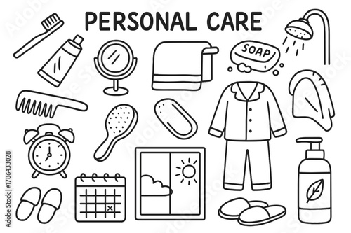 Personal Care Essentials. Personal Care. Hand-drawn doodle illustration Personal Care toothbrush, toothpaste, mirror, towel, comb, hairbrush, soap, shower,