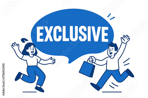 Exclusive Shopping Excitement. EXCLUSIVE banner, flat vector illustration, bold oversized text inside rounded blob, cartoon characters jumping and waving,