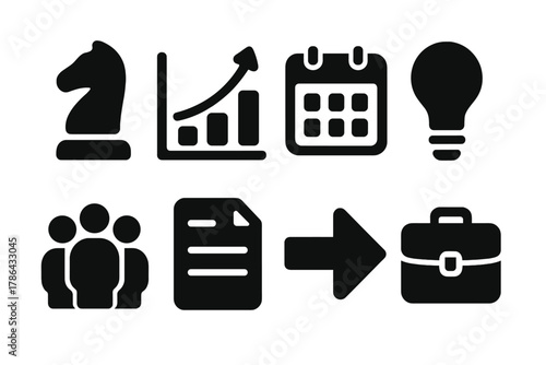 Corporate Strategy Icons. Corporate strategy. Filled icon set of corporate strategy: chess piece, graph,