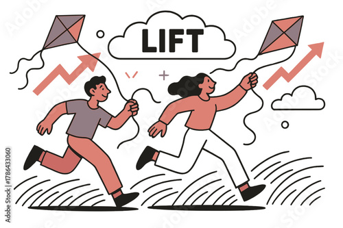 Kite-Filled Sky. Kite flying afternoon. Two figures run as bright kites carve zigzag arrows into the sky; ?Lift? stretches across a cloud. Grass bends in waves