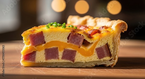 Delicious Slice of Ham and Cheese Quiche on Wooden Board.