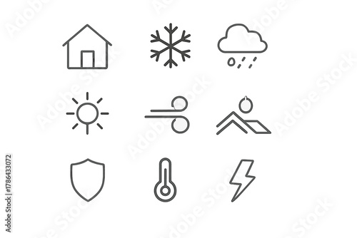 Weather-Resistant Icon Set. Weather-resistant buildings. Line outline icon set of weather-resistant buildings: