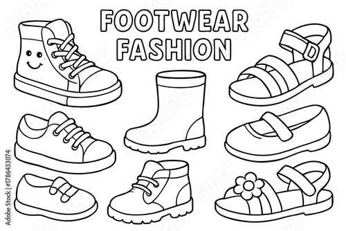 Kids' Shoe Coloring. Footwear fashion children?s coloring book illustration, outlined drawing, cheerful