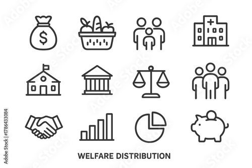 Welfare Distribution Icons. Welfare distribution. Line icon set of welfare distribution: money bag, food basket, family, hospital, school, government building,