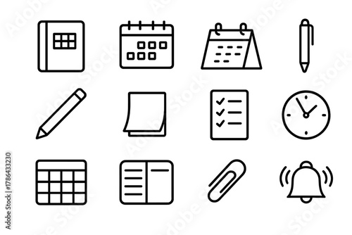Organized Planning Icons. Organized planning. Line outline icon set of organized planning: planner notebook,