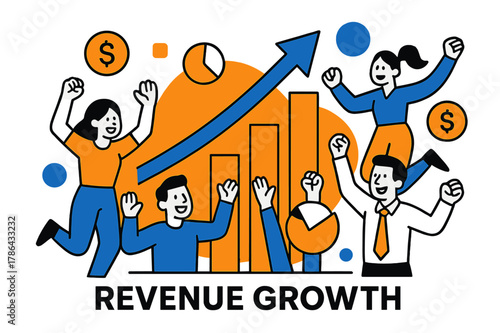 Profitable Growth Celebration. Revenue growth. A stylized bar chart with a rising arrow, team celebrating,