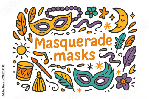 Colorful Masquerade Doodles. Masquerade masks. Hand-drawn doodle illustration of masquerade masks. Mask,