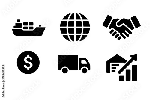 Global Trade Icons. Global trade. Filled icon set of global trade: cargo ship, globe, container, handshake,