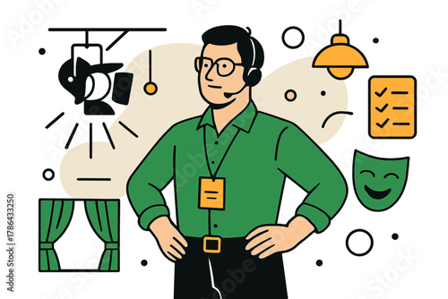 Stage Manager's Mastery. Performance readiness. Stage manager stands confidently, headset on, as the stage is