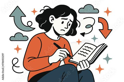 Reflective Journaling Scene. Navigating stress. Individual journaling thoughts with abstract floating arrows, clouds, and sparkles; emphasizes reflection,