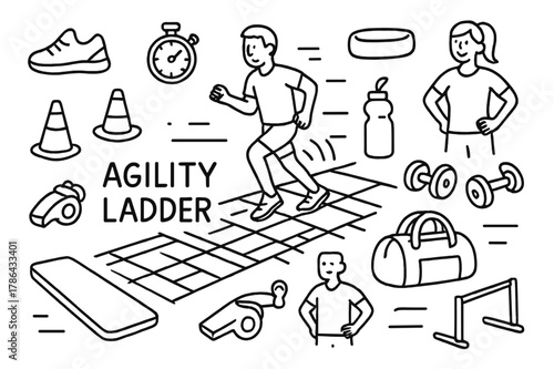 Agility Training Essentials. Agility Ladder. Hand-drawn doodle illustration Agility Ladder person running, agility ladder, cones, sneakers, stopwatch, water