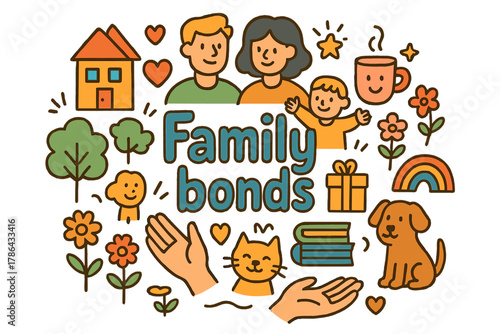 Colorful Family Bonds Illustration. Family bonds. Hand-drawn doodle illustration of family bonds. Parents,