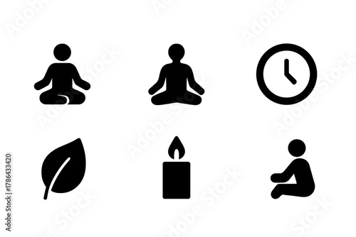 Mindfulness Icon Set. Mindfulness and focus. Filled icon set of mindfulness and focus: lotus pose, meditation