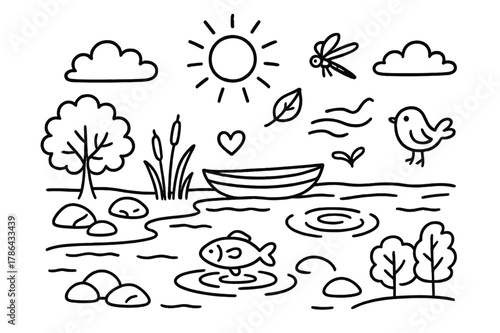Serene River Doodle. River calmness. Hand-drawn doodle illustration river calmness flowing water, rocks, tree, leaf, fish, boat, reeds, dragonfly, bird,