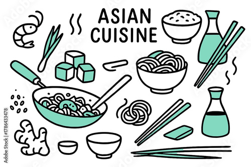Colorful Asian Cuisine Doodles. // Asian cuisine. Hand-drawn doodle illustration Asian cuisine [wok pan (accented), chopsticks (accented), rice bowl, soy sauce