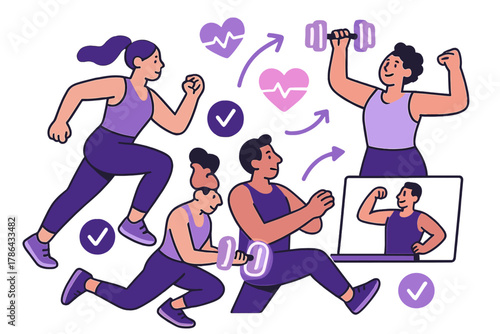 Energetic Gym Scene. Fitness memberships. People attending gym classes and virtual sessions; glowing dumbbells