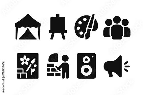 Outdoor Art Icons. Outdoor art event. Filled icon set of outdoor art event: tent, canvas, easel, paintbrush,
