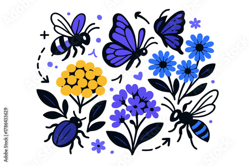 Insect Pollination Parade. Pollination diversity. A stylized circular composition showing different insect