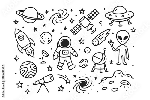 Space Doodles. Space. Hand-drawn doodle illustration acquiring knowledge planets, stars, galaxies, rockets, astronauts, aliens, spaceships, telescopes,
