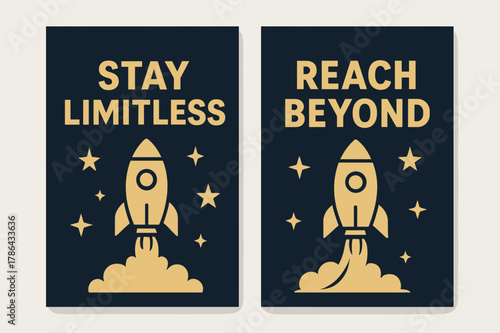 Limitless Adventure Banners. Stay limitless. Two vertical A6 banners with safe margins, centered composition, no elements touching edges, bold, navy and gold,