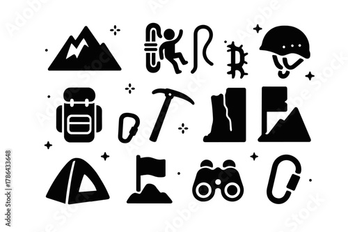 Mountain Expedition Icons. Mountain Expedition. Solid icons set of Mountain Expedition: mountain, climber, rope, helmet, backpack, ice axe, crampons, cliff,