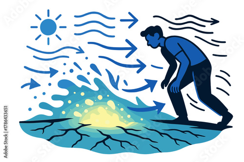 Dynamic Wind Erosion. Wind erosion. Glowing sand and soil particles being blown across dry land, abstract