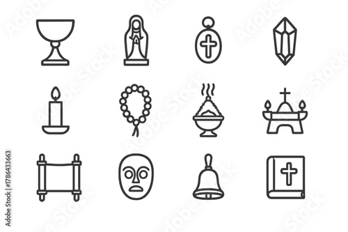 Holy Relics Icons. Holy relics. Line outline icon set of holy relics: chalice, statue, amulet, crystal, candle