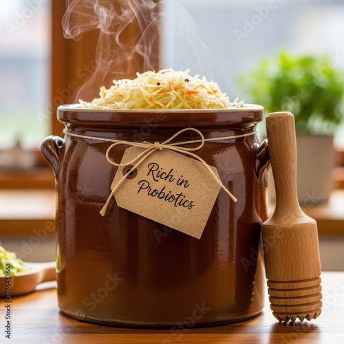 Fermented Sauerkraut in a Crock Pot Rich in Probiotics.