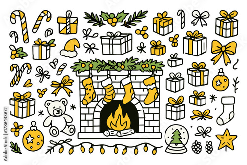 Festive Christmas Doodles. Christmas decorations. Hand-drawn doodle illustration Christmas stockings (colored), fireplace (colored), mantel (colored), candy