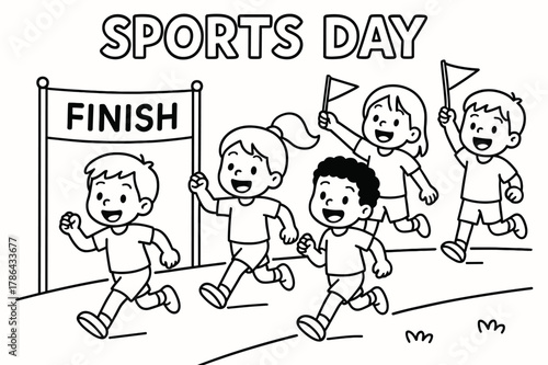 Children's Race Coloring Page. Sports day children?s coloring book illustration, outlined drawing, cheerful kids running a race and waving flags at a small