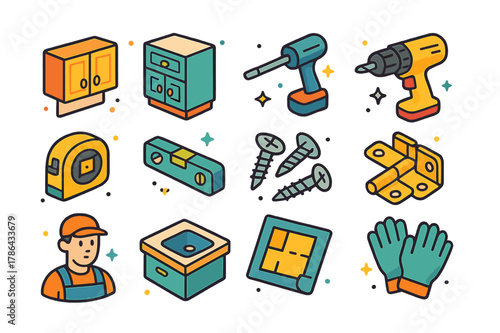 Colorful Home Improvement Icons. Home improvement. Colorful isometric vector icons set of home improvement: upper cabinets, lower cabinets, screwdriver, drill,