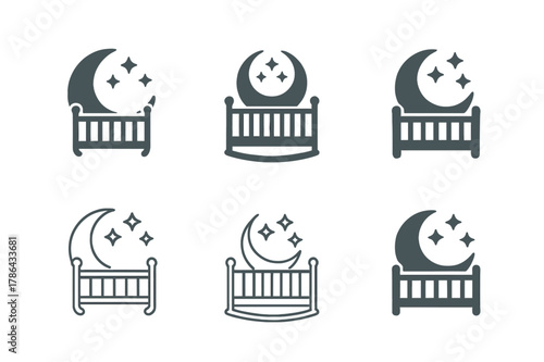 Infant Sleep Logos. Infant sleep. Set Logo of Infant sleep: moon and stars above crib. harmonious logo variations of the same emblematic concept, each with